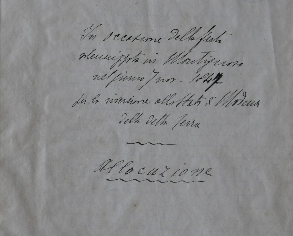 Allocuzione in occasione della festa solennizzata a Montignoso il 7 novembre  1847 per la riversione allo Stato di Modena della detta terra
